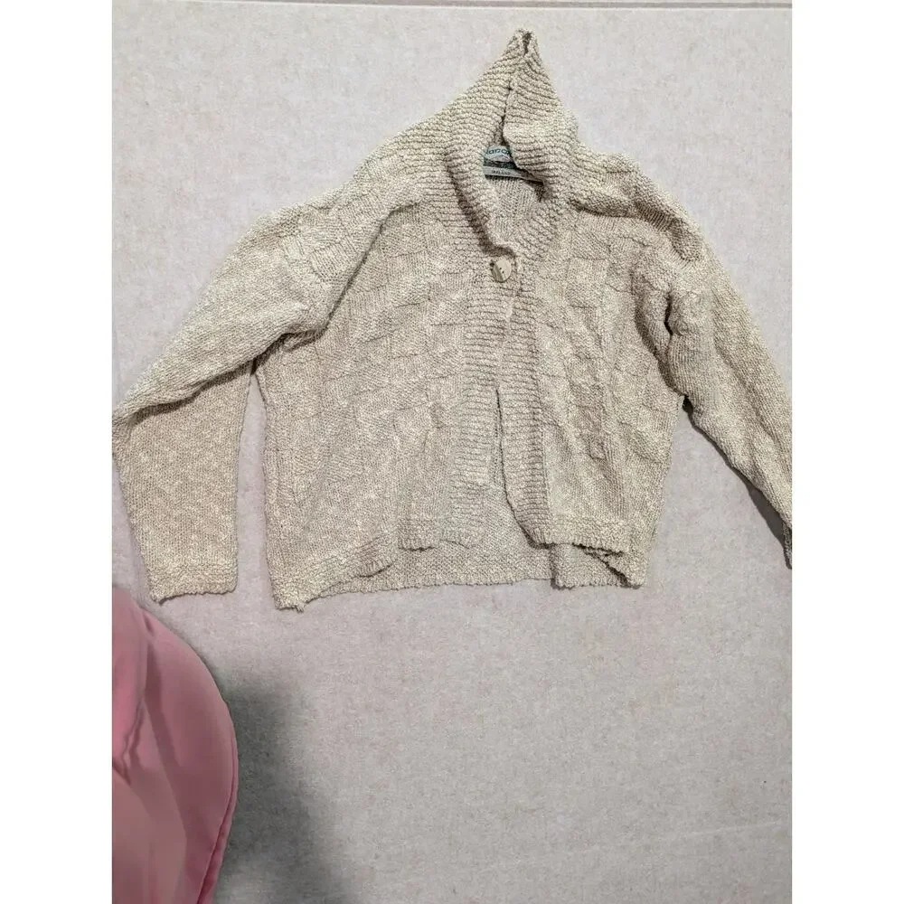 Aran Craft One Button Ivory Cardigan Linen Cotton Mix Made In Ireland Medium M - Picture 1 of 8